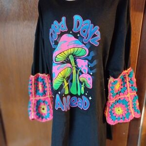 Psychedelic Black Tee with Crochet Sleeves
